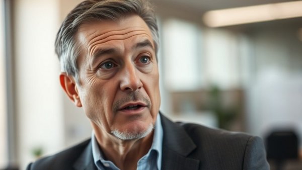 Middle-aged man speaking passionately in an interview setting.