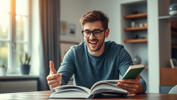 Young man discussing productivity book, vibrant interior setting.