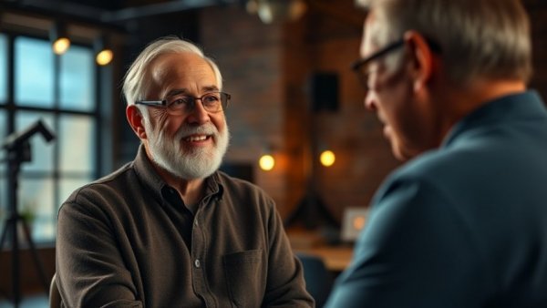 Interview scene related to Iran nuclear ambitions, older gentleman smiling.