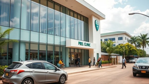Case Clinics Uganda in Bweyogerere with parked vehicles outside.
