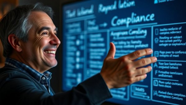 Compliance presentation with smiling man, compliance concepts displayed.