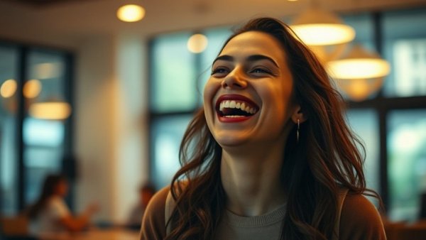 Smiling young woman enjoying a joyful moment indoors, a study break for ECG interpretation study guide for nursing students.