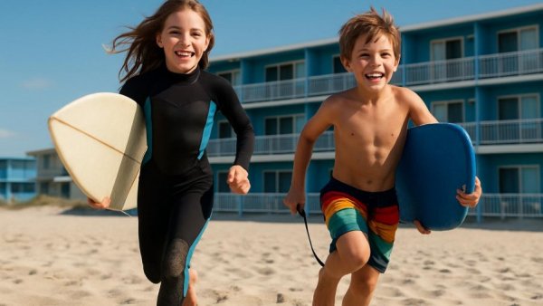 Joyful kids with boards running on Highway 1 beach trip.