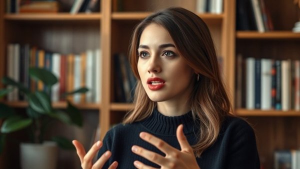 Young woman speaking about AI apps for video creation, engaging setting.