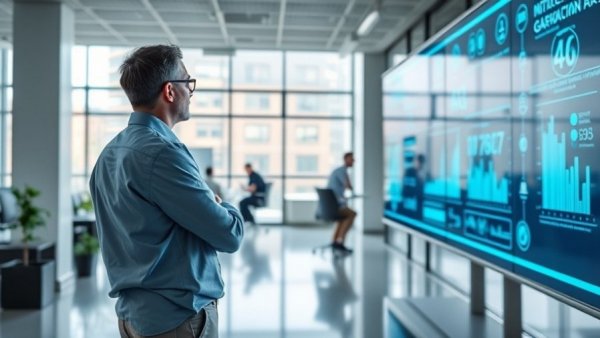 Researcher in modern office using AI for digital data analysis, AI-enabled mouse pointer revolution.