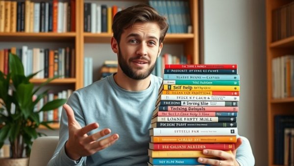 Young man discussing self-help and productivity books indoors, casual setting.