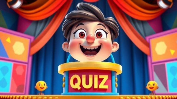 Animated face promoting search quizzes for study.