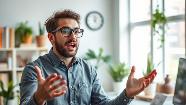 Enthusiastic man discussing what keeps creators going for years in a bright workspace.