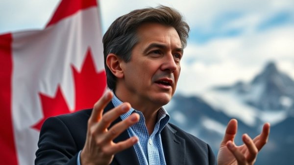 Confident Canadian figure discussing in front of flag and mountains.