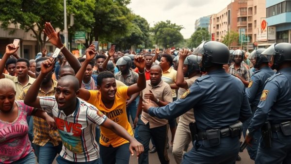Protests erupt in Kenya over soaring fuel prices, intense street scene.