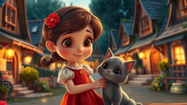 2D animation in Unreal Engine showing a girl with a cat in a magical village.