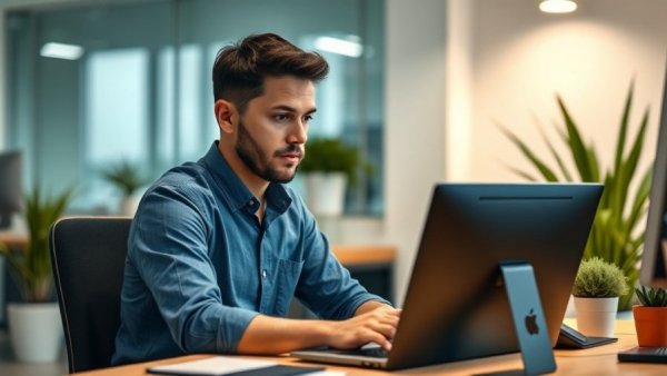 Focused individual in blue shirt working at desk, stop using your computer mouse.