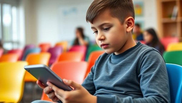 Young student using tablet for learning in a classroom, showcasing school technology accessibility.