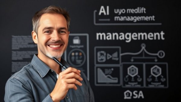 Man teaching AI management concepts on black background.