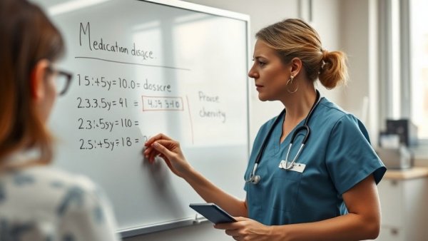 Nurse demonstrating dosage calculations on a whiteboard.