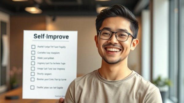 Smiling person with a self-improvement checklist, emphasizing Claude cowork tips.