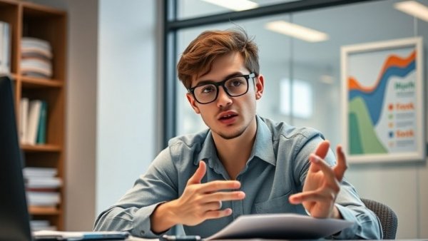 Casual young man sharing productivity tips at a desk.