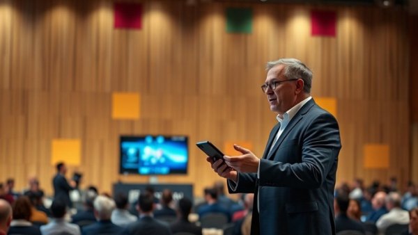 Speaker at tech conference discussing digital assistant on stage.
