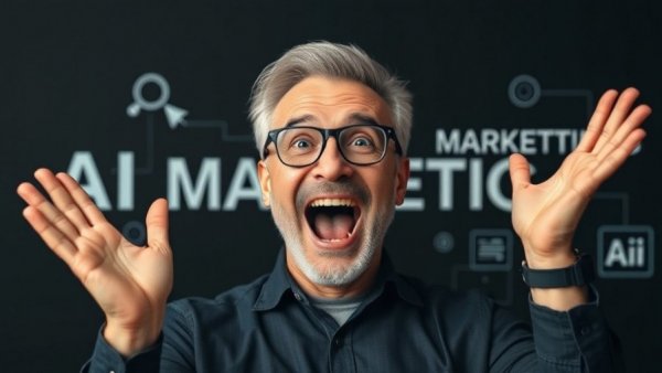 Excited man highlights AI marketing tools with digital icons.