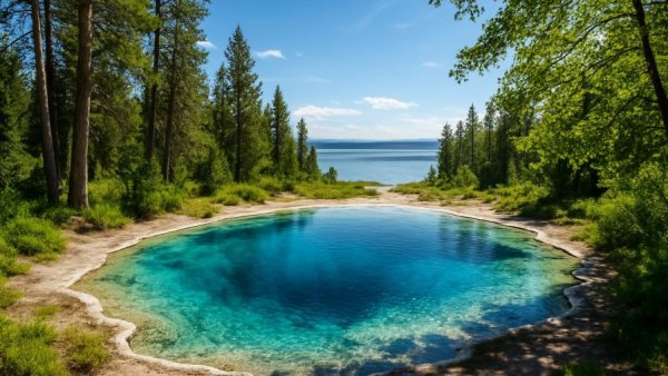 Breathtaking view of turquoise hot spring in national park.