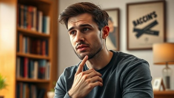 Thoughtful young man discussing productivity app in cozy room.