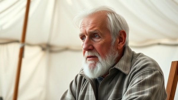 Elderly man discussing global displacement crisis, soft lighting.