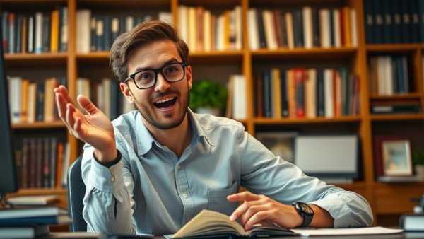 Young man sharing WhatsApp productivity tips at a desk.