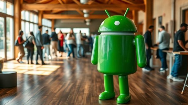 Green Android mascot in community lounge, AI Africa film makers and developers.