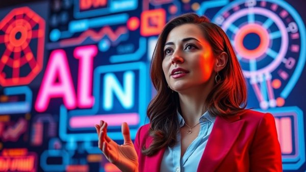 Engaging professional woman discussing AI with futuristic digital backdrop.