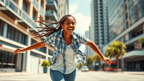 Energetic young woman running joyfully in urban setting.
