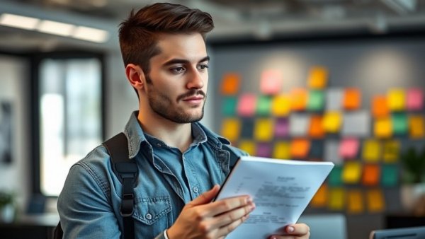 Young man discussing productivity in an office setting.