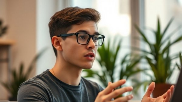 Young man discussing productivity and goal setting indoors.