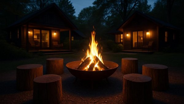 Highway 1 California travel diaries: cozy outdoor firepit with wooden stools under twilight.