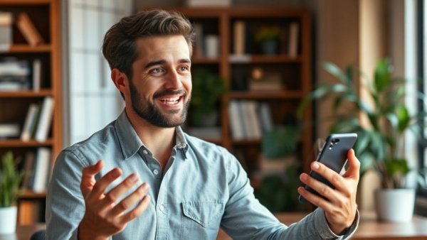 Young man discussing goal setting while holding a smartphone.