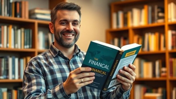 Man holding book on financial freedom, smiling indoors.