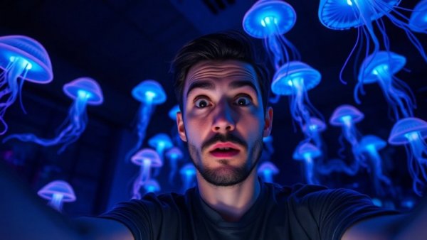 Man surprised with glowing jellyfish in the background, jellyfish AI creativity.