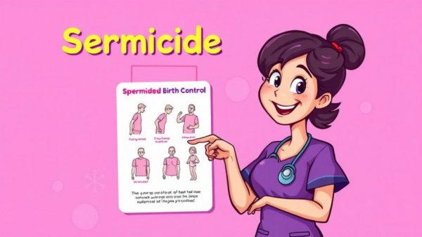 Spermicide birth control explanation by nurse in purple scrubs, educational illustration