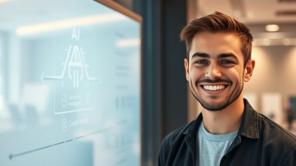 Young man explaining steps on how to learn AI effectively with symbols.