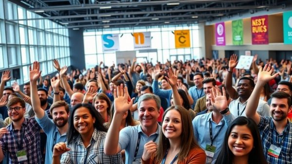 WordCamp Europe 2026 attendees waving at conference.
