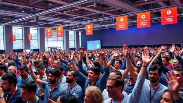 WordCamp Europe 2026 crowd cheering at tech event in modern venue.