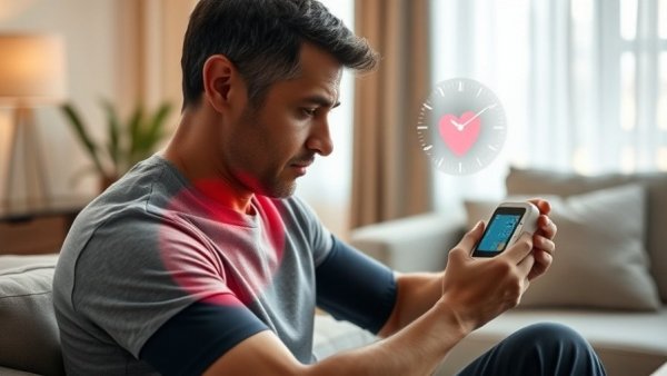 Man checking blood pressure with monitor, digital health overlay.