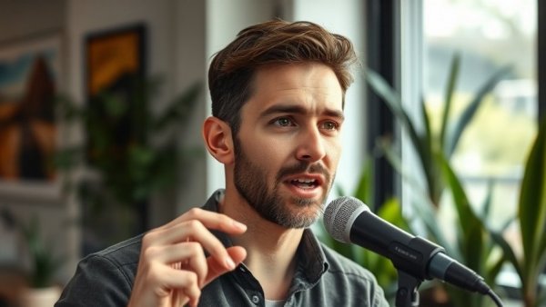 Young man sharing financial freedom tips in modern setting.