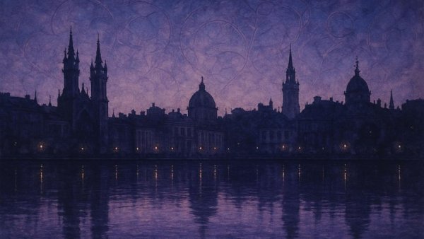Vintage jazz-themed cityscape silhouette with sophisticated text, Beegie Adair’s jazz performances.