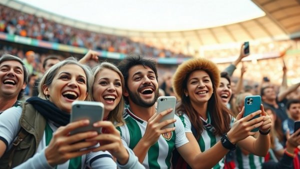 Soccer fans capturing moments via smartphones in a stadium.