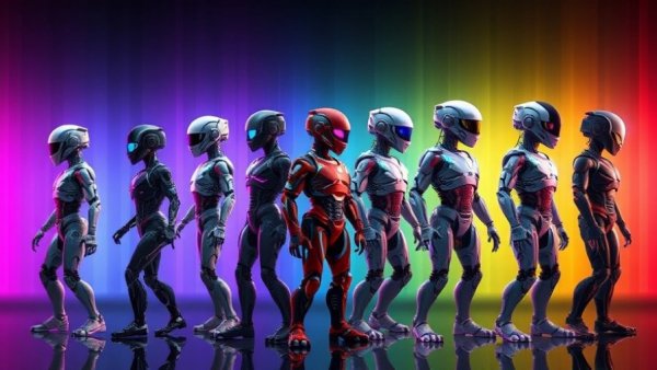 AI future illustrated through seven evolutionary robot stages in vibrant colors.