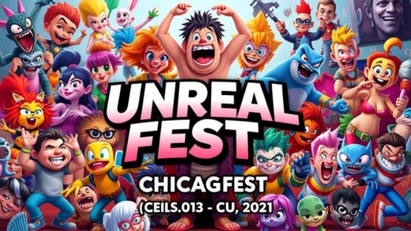 Colorful poster of the State of Unreal Riot Games event with animated characters.
