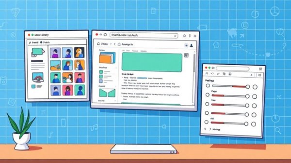 Illustration of WordPress desktop mode interface with settings and media library.