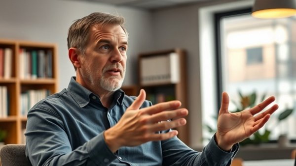Middle-aged man discussing productivity techniques in an office.