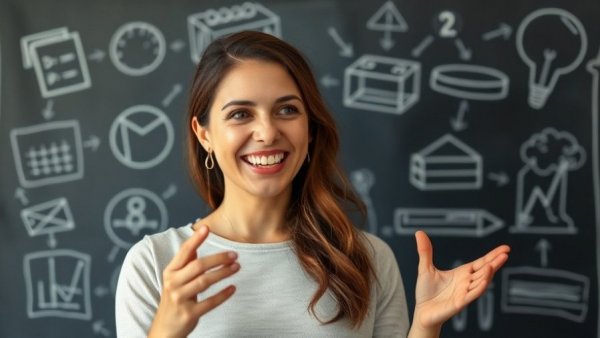 Smiling woman explaining concept with chalkboard background, AI policy and governance for Africa.