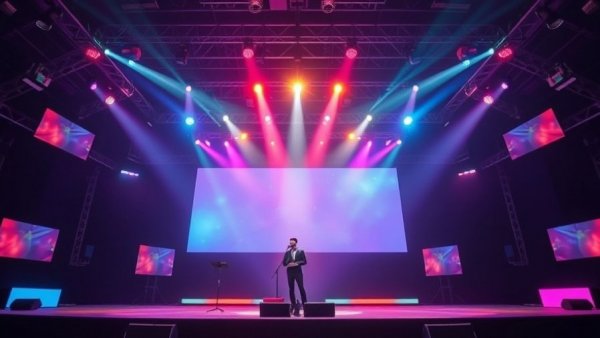 The State of Unreal Event stage with colorful LED displays and speaker.